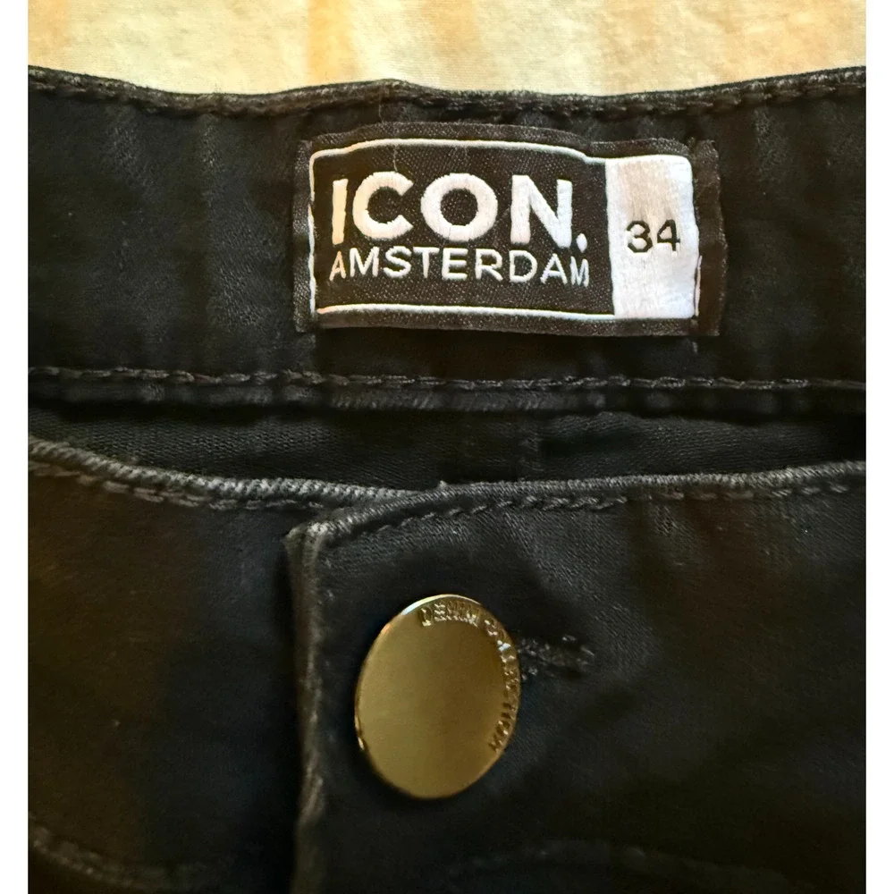 ICON Amsterdam Shorts Mens Size 34 Black Cotton Chino Shorts Cuffed Stretch EUC